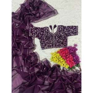 SECUENCIA DE BORDADO DE SECUENCIA DE DISEÑADOR ZARI WORK SAREE CON BLUSA DESCOSADA VINO - Product Image 1