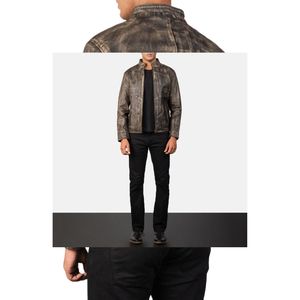 Chaqueta de Motociclista de Cuero Genuino Lavado para Hombre, Cortavientos, con Cuello Alto y Cremallera, para Otoño - Product Image 6