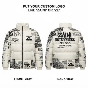 Premium 380 GSM Polyester Pongee <b>Men</b> Puffer <b>Jacket</b> <b>White</b> Black Graphic Panel Design Custom Embroidery Print Logo Winter Wear - Product Image 1