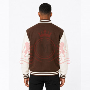 Stylish Daily Outfit Brown <b>White</b> Letterman <b>Jacket</b> Premium Soft Fabric Ribbed Hem Snap Closure - Product Image 2