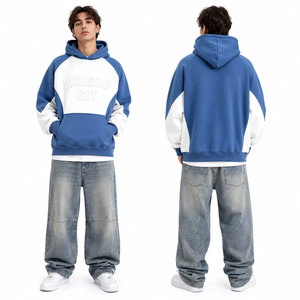 Sweat-shirt à capuche décontracté pour homme, bleu et blanc, à blocs de couleur, manches raglan, motif gaufré, coupe oversize, pour l'automne - Product Image 2