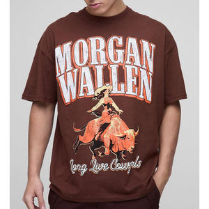 <strong>Wallen</strong> Men's Brown Short Sleeve T-Shirt Regular Fit Casual Cotton Printed Cowgirl Riding Bull Design Front Logo O-Neck - Product Image 3