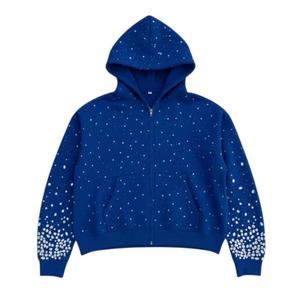 Sudadera con capucha personalizada 100% algodón con cremallera para hombre y mujer, muestra de sudadera con pedrería personalizada para mujer, sudadera con pedrería de diamantes. - Product Image 2