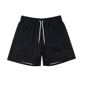 Shorts de sport pour homme en coton à séchage rapide, taille mi-haute élastique, cordon de serrage, poches zippées, couleur unie noir bleu gris, athlétique - Product Image 1