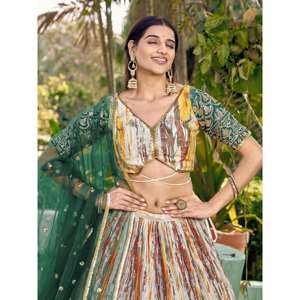 Cautivador blanco y verde impreso digital Chinon Lehenga Choli para Club Wear - Product Image 4