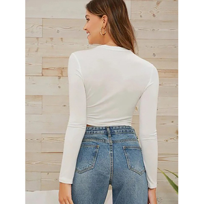 Camiseta Corta Blanca para Mujer, Cuello Redondo, Manga Larga, Color Sólido, Estilo Casual, Corte Ajustado, Tejido de Algodón y Elastano, para Todas las Temporadas - Product Image 3