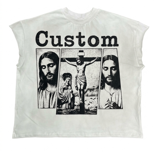 เสื้อยืดแขนกุดผู้ชายไซส์ใหญ่ลายกราฟิกศาสนาแบบวินเทจ พิมพ์ลายพระเยซู สีครีม เสื้อกล้ามสตรีทแวร์ลำลอง ผ้าฝ้าย เสื้อกล้ามทรงเข้ารูป - Product Image 1