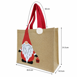 Sac fourre-tout de Noël en jute laminé avec imprimé Père Noël, pompon suspendu, 35,5x31,5x14,5 cm, poignée en coton rouge, logo personnalisé, vente en gros - Product Image 3