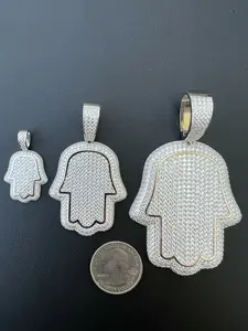 Collar de Lujo con Colgante de Mano de Hamsa, Micro Pavé de Diamantes de Moissanita, Joyería Hip Hop, Cadena de Oro y Plata con Mano de Hamsa - Product Image 4