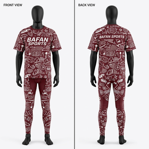 ชุดเสื้อยืดและกางเกงเลกกิ้งผู้ชาย พรีเมียม 200 GSM ผ้าโพลีเอสเตอร์ผสม สีแดงเลือดหมู พิมพ์ลายเต็มตัว ระบายอากาศได้ดี ยืดหยุ่น ชุดออกกำลังกาย 2 ชิ้น - Product Image 5