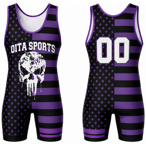 Combinaison de lutte sublimée pour homme, violet et noir, impression numérique, polyester, tenue de lutte, vêtements de sport pour la performance athlétique - Product Image 1