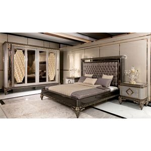 Luxury Modern Champagne Solid Teak Wood Bedroom Set King Size Bed with <b>Mirrored</b> Nightstands Grand Wardrobe and Dressing <b>Table</b> - Product Image 1
