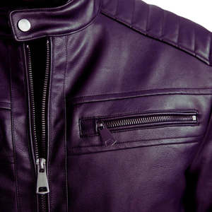 New Arrival Dark <b>Purple</b> Cow Skin Leather Men's Jackets Breathable <b>Fabric</b> Stand Collar Stylish Zip Up Leather Jacket With Low MOQ - Product Image 3