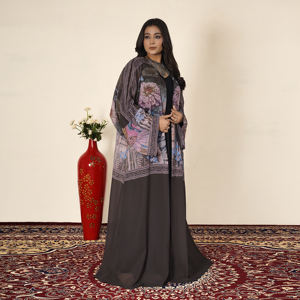 Abaya Estampada Larga hasta el Suelo, Ligera y Transpirable, con Detalles Florales, Mangas Largas y Anchas, Estilo Abierto por Delante, para Ocasiones de Eid - Product Image 3