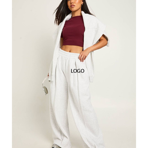 Wholesale 100% Cotton Sweatpants Baggy Blank Activewear French Terry Wide Leg Joggers Custom Heavyweight Women Trouser - Product Image 4