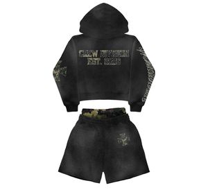 Conjunto de Sudadera con Capucha y Pantalones Cortos de Mezclilla Personalizados al por Mayor, Estampado Gráfico Desgastado, Estilo Urbano Vintage, Conjunto de Dos Piezas para Hombre - Product Image 2