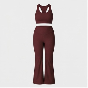 2 Piece Yoga Set Racerback Crop Top High Waist Full Length <b>Flared</b> <b>Leggings</b> Solid Maroon Breathable Seamless Women's Sportswear - Product Image 1