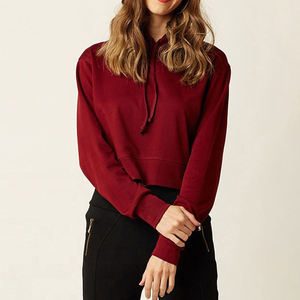 Women's Red Cropped Hoodie Sweatshirt Full Sleeve Solid Color Knitted Cotton Autumn Casual Wear - Product Image 2