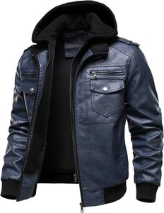 Chaqueta de Motociclista con Capucha para Hombre, de Cuero PU Azul Oscuro, Cierre Frontal con Cremallera, Color Sólido, Manga Larga, Estilo Otoñal - Product Image 2