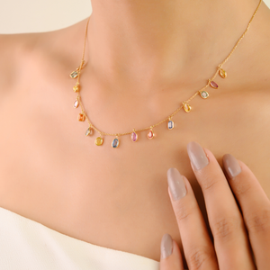 Impresionante Collar de Cadena con Dijes de Zafiro Multicolor de Formas Delicadas en Oro Amarillo Real K18 para Mujer, Joyería Minimalista para Pedidos al por Mayor - Product Image 4