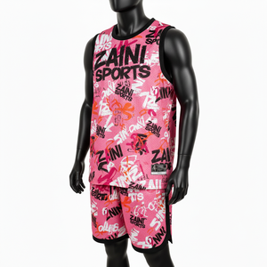 ชุดเสื้อและกางเกงบาสเก็ตบอลชาย คุณภาพสูง 180 GSM ผ้าตาข่ายน้ำหนักเบา สีชมพู-ดำ พิมพ์โลโก้ตามสั่ง สำหรับผู้ชาย - Product Image 4