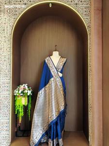 Sari en soie brute Banarasi de haute qualité avec pallu à motif à carreaux Zari dorés et bordure Zari à motif Paisley traditionnel, mode féminine - Product Image 3