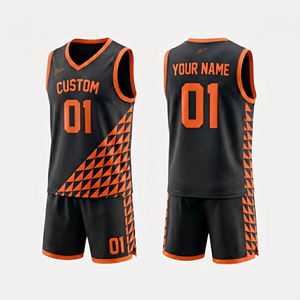 Ensemble de maillots de basket-ball personnalisés, noir et orange, imprimé géométrique, col en V, sans manches, unisexe, adulte, maille respirante, sublimé, personnalisé - Product Image 1