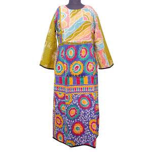 Vestido maxi bohemio elegante de alta costura para mujer, con cuello redondo, manga tres cuartos, tela de algodón kantha, estilo casual. - Product Image 1