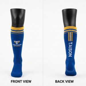 Calcetines de Lacrosse Premium de 320 GSM de Lana/Spandex, Azul Dorado, Logotipo Jacquard Personalizado, Ropa de Equipo, Secado Rápido, Transpirables - Product Image 1