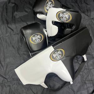 Guantes de Boxeo de Cuero Genuino al por Mayor, Protector de Cabeza y Protector Inguinal, Conjunto Negro y Blanco para Entrenamiento y Sparring, Equipo Deportivo - Product Image 2