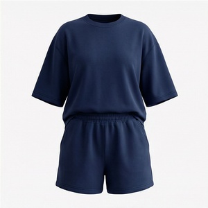 Ensemble 2 pièces en coton tricoté pour femme, haut à col rond et manches courtes, short au-dessus du genou, bleu marine uni, décontracté, printemps-été - Product Image 1