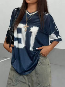 T-shirt de sport personnalisé avec logo d'usine, col en V, coupe ample, t-shirts oversize, hauts courts, vêtements unisexes, maillot de football en mesh, streetwear - Product Image 5