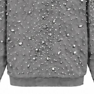 Sweat-shirt à capuche gris argenté perlé avec fermeture éclair, orné de cristaux étincelants, style streetwear tendance, à manches longues, avec P - Product Image 6