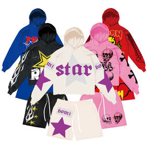 OEM ODM Men 100% Cotton Solid <b>Zip</b> Up Hoodie Shorts Two Piece Sport Set Custom Brand - Product Image 2