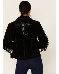 Black Fringe <b>Suede</b> <b>Jacket</b> Women Turquoise Beaded Concho Trim Boho Cowgirl Coat Handcrafted Tassel Outerwear Bulk Supplier USA - Product Image 4