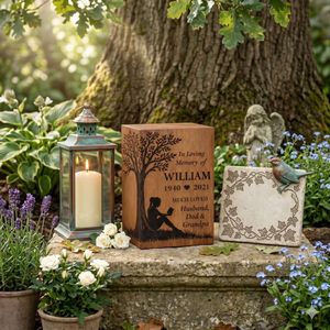 Custom Wooden <b>Memorial</b> Urn Engraved Tree Design Natural Wood Finish 200 Cubic Inch Adult Commemoration <b>Keepsake</b> Box - Product Image 3