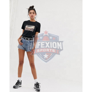Women's <b>Black</b> Cotton T-Shirt Crew Neck Short Sleeve Printed Casual <b>Summer</b> <b>Top</b> Regular Fit Jersey Fabric Heat-Transfer Printing - Product Image 1