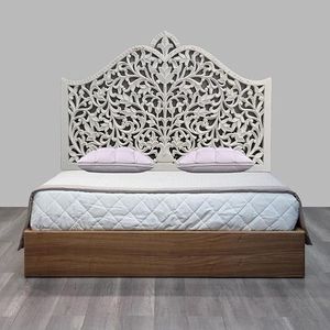 Luxury Handcrafted Solid Wood Bed <b>Frame</b> Ornate Floral Jaali Arch Carving <b>Antique</b> White Wash Finish - Product Image 1
