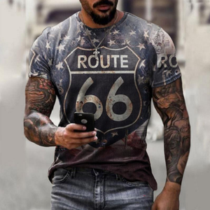 Nouveaux T-shirts d'été pour hommes, coupe ample et oversize, style vintage, manches courtes, imprimé lettres Route 66, col rond - Product Image 4