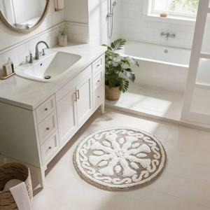 Tapis de bain rond en coton à motif médaillon, avec dos antidérapant en caoutchouc, style bohème, épais et touffeté, blanc et gris, pour la maison et la salle de bain - Product Image 4