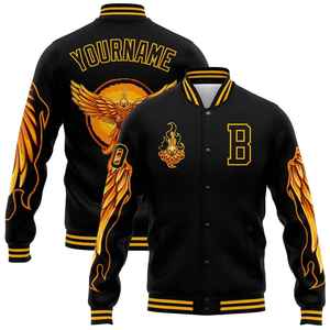 Chaqueta Varsity Personalizada para Hombre, Diseño Sublimado con Estampado de Fénix en Negro y Amarillo, Cuello Camisero, Corte Regular, para Otoño - Product Image 1