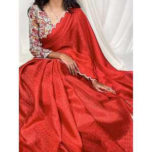 FANCY GADHWAL CHEX ARCA WORK SAREE CON BLUSA SIN COSTURA ROJA - Product Image 1