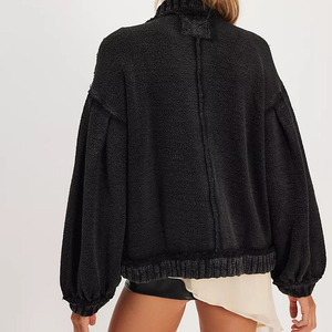 Cardigan tricoté noir pour femme, manches ballon, boutonné, couleur unie, manches longues, décontracté, automne, vente en gros - Product Image 2