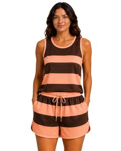 Ensemble pyjama en satin pour femmes, rayures marron chocolat et pêche, débardeur sans manches avec short à taille élastique, ensemble de vêtements de nuit de luxe - Product Image 1