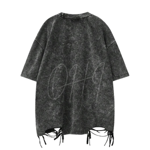 Camiseta Casual Oversize para Hombre, Azul, con Lavado Ácido Desgastado Personalizado, Dobladillo Deshilachado, Estilo Urbano, Estampado Distintivo, 100% - Product Image 2