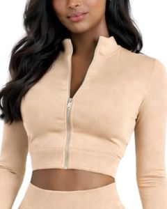 Conjunto de yoga de dos piezas beige personalizado para mujer, top corto con cremallera y pantalones acampanados de cintura alta, ropa elástica para gimnasio, fabricante personalizado OEM - Product Image 6