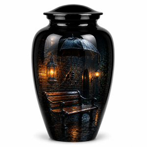 Autocollant photo magnifique et saisissant de paysage nocturne de ville sous la pluie avec urne funéraire commémorative en émail pour cendres humaines d'adultes - Product Image 6