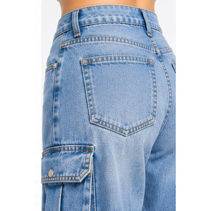 Jeans de Mezclilla Cargo de Cintura Alta y Pierna Ancha para Mujer, Color Índigo Oscuro - Product Image 5