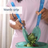 Juego de 2 Servidores de Ensalada de Resina Color Verde Azulado (30 cm), Pinzas y Cucharas para Ensalada de Resina, Acabado Espejo Plateado, Estilo Clásico, Mango Largo, Aptos para Lavavajillas
