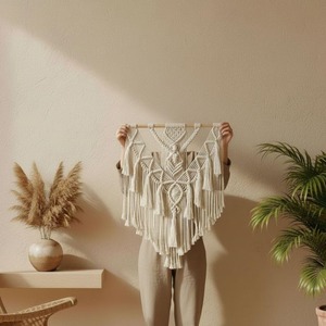 งานตกแต่งผนังแบบมาคราเม่สีขาวและสีเขียว สำหรับตกแต่งพื้นที่ทำงาน ห้องเรียน และการตกแต่งภายในสไตล์โมเดิร์น ขายส่งจากอินเดีย - Product Image 2